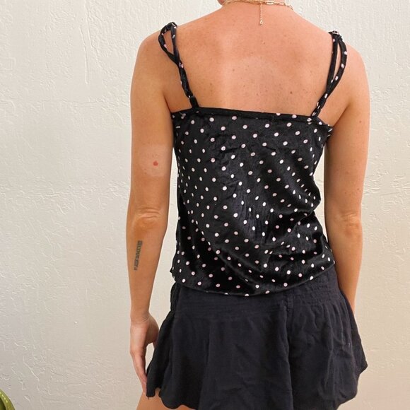 Y2K Style Velvet Black Polka Dot Cami w/ Pink Lace Trim - Picture 3 of 5